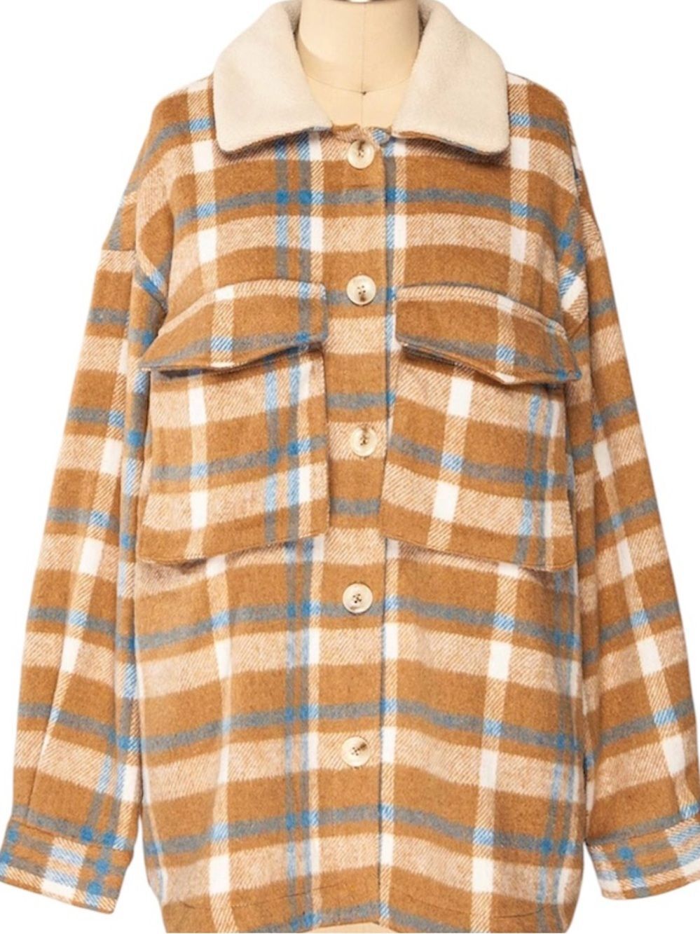 Listicle Tan and Blue Plaid Shacket Size Medium